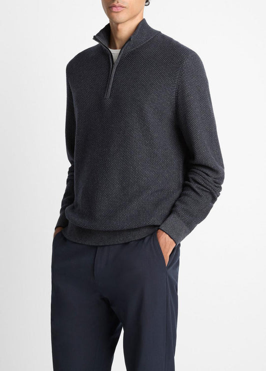 VINCE Men Geo-Jacquard Wool-Blend Quarter-Zip Sweater in Quarter Zip COASTAL BLUE/MEDIUM HEATHER GREY