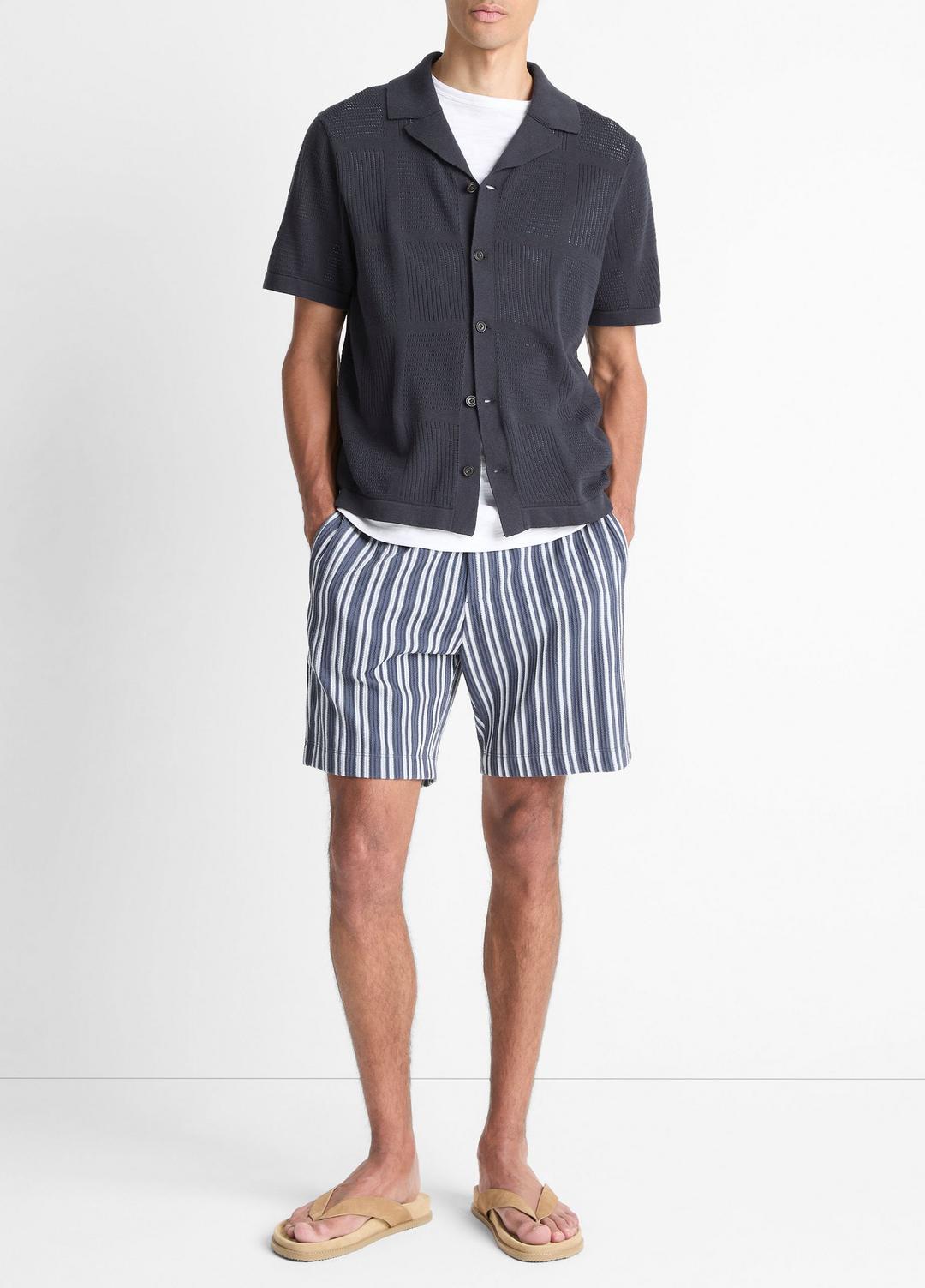Patchwork Pointelle Short-Sleeve Shirt in Short Sleeve - LIGHT COASTAL BLUE | VINCE Men