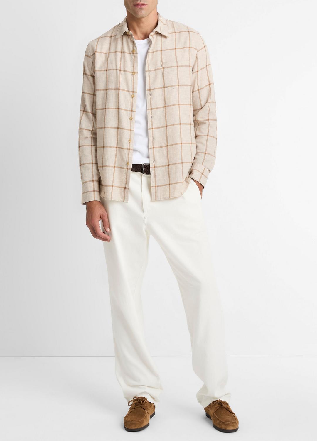 Rockery Plaid Cotton Button-Front Shirt in Long Sleeve - HEATHER OATMEAL/WALNUT | VINCE Men
