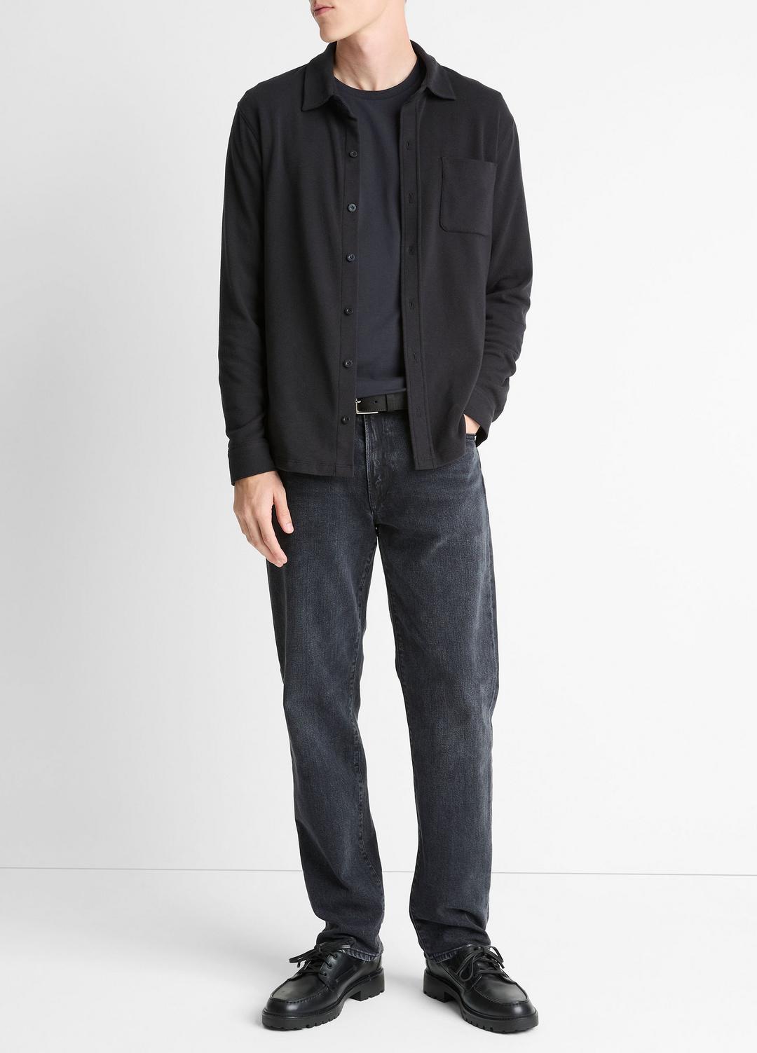 Knit Cotton-Blend Button-Front Shirt in Long Sleeve - BLACK | VINCE Men