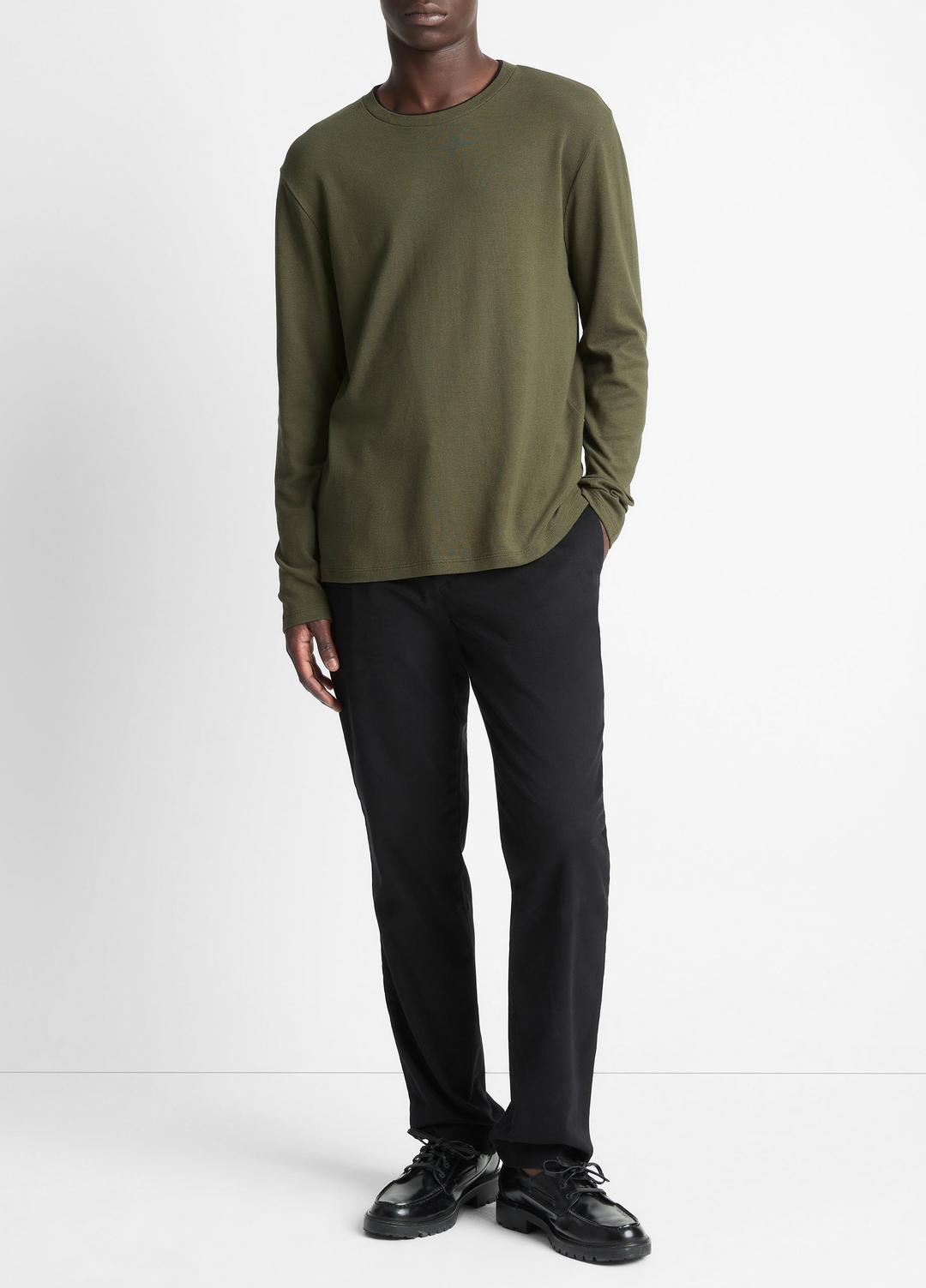 Micro-Waffle Pima Cotton Double-Collar Long-Sleeve T-Shirt in Long Sleeve - DRIVER GREEN/BLACK | VINCE Men