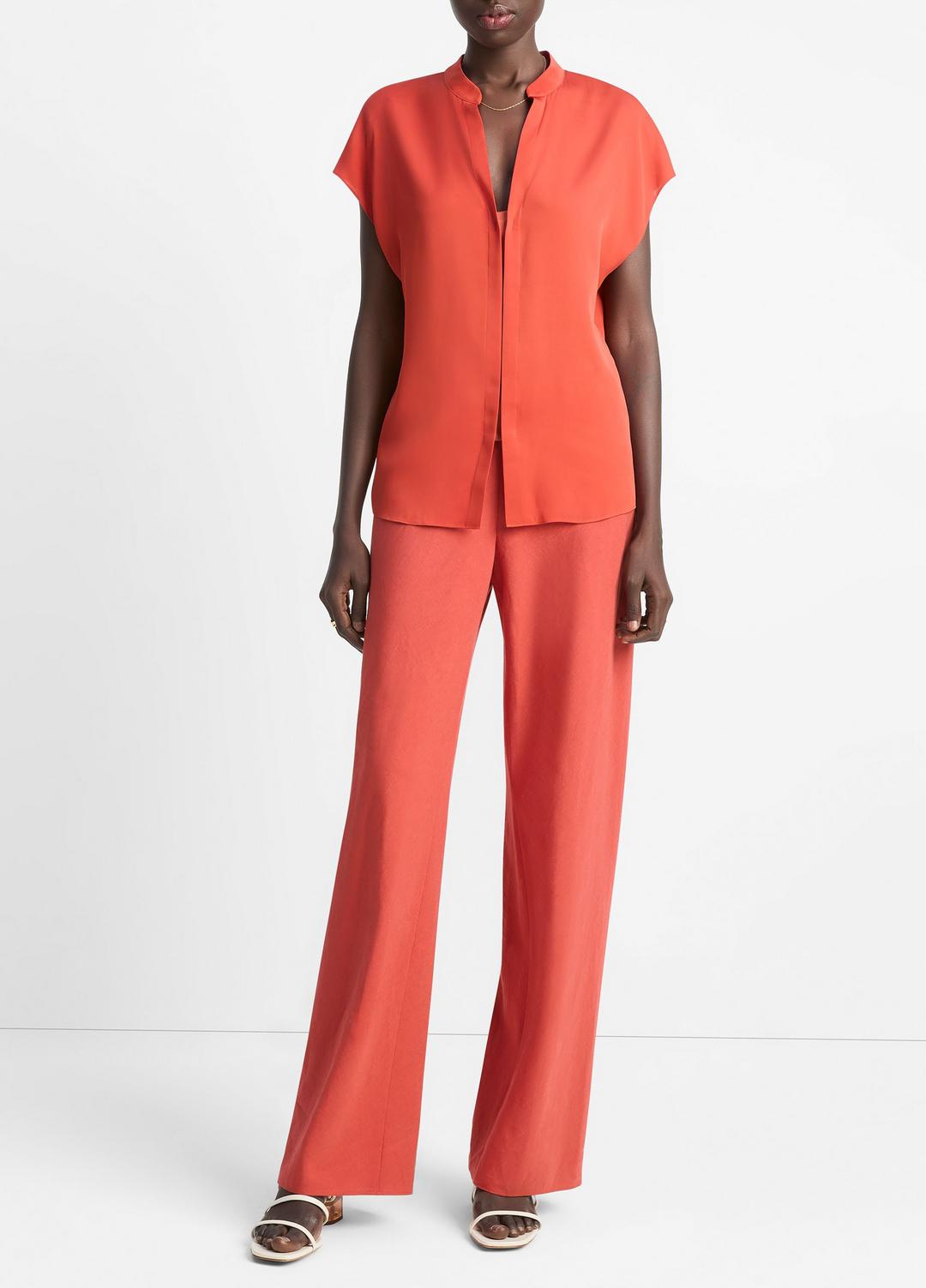 Contrast-Placket Stretch-Silk Cap-Sleeve Blouse in Shirts & Tees - BRICK ROSE/RED | VINCE Sale