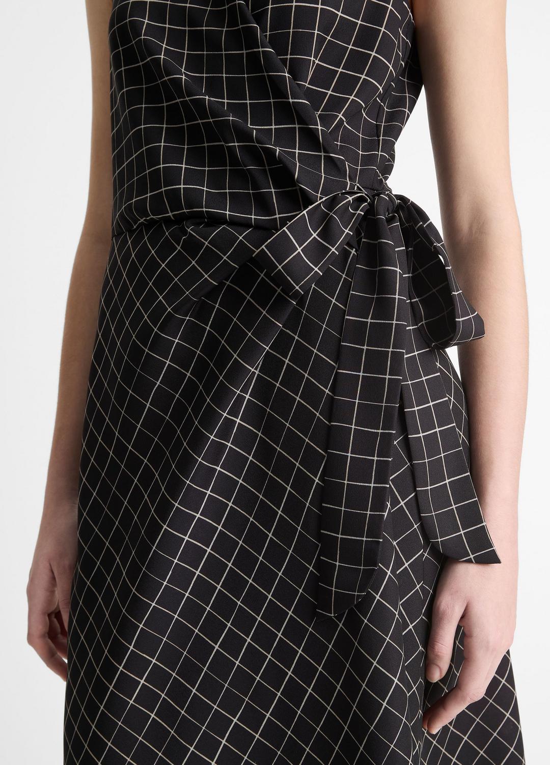 Trellis Plaid Draped Sleeveless Wrap Dress in Dresses & Skirts - BLACK/CREAM | VINCE Sale