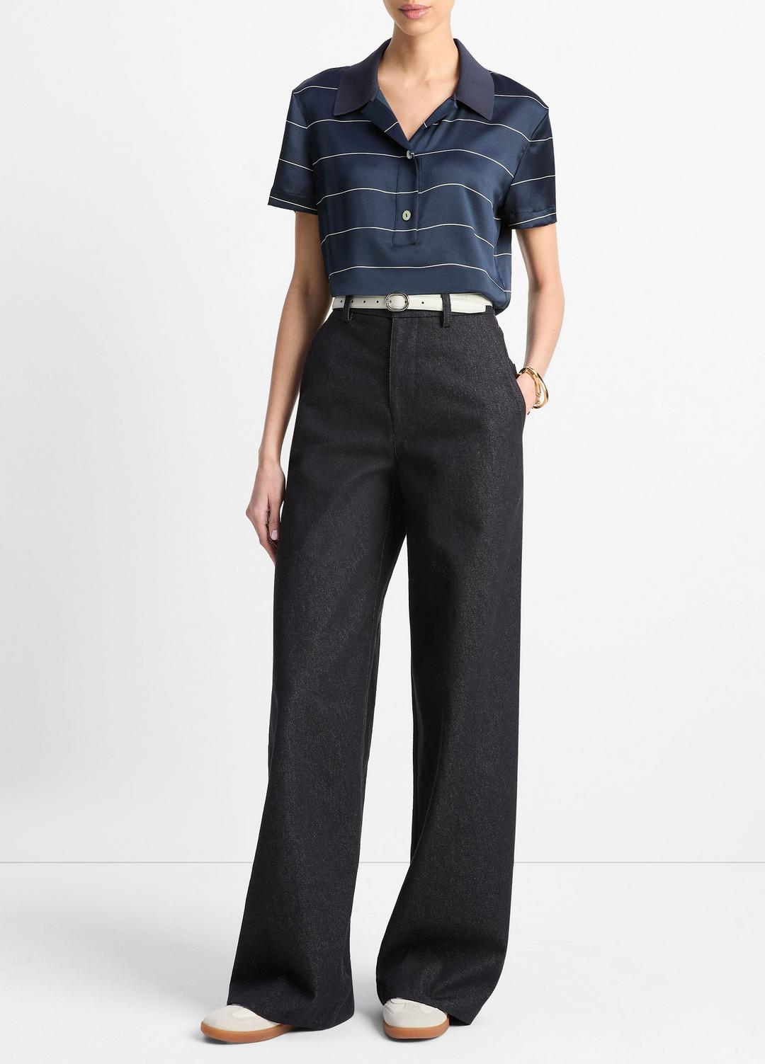 Knit-Collar Striped Silk Polo Shirt in Shirts & Tees - COASTAL BLUE/CREAM | VINCE Sale