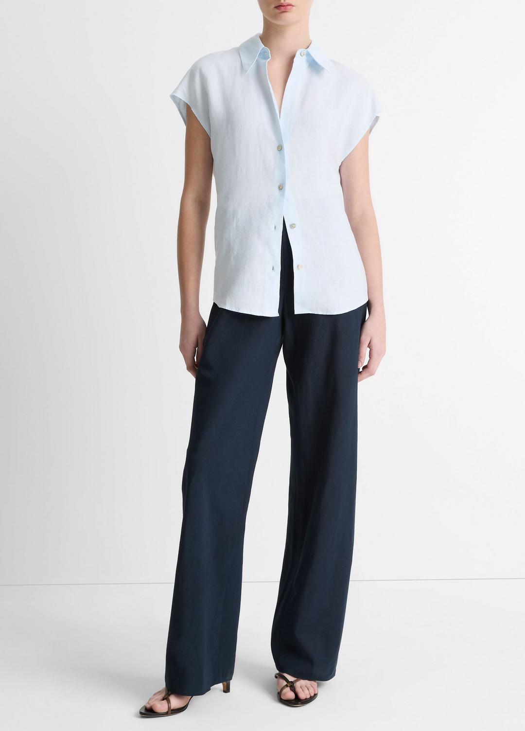 Linen Cap-Sleeve Button-Front Blouse in Shirts & Tees - SKY MIST | VINCE Sale