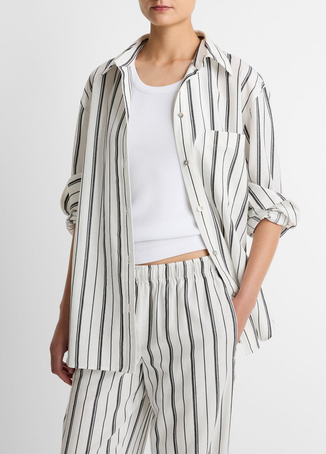 VINCE Women Resort Stripe Oversized Button-Front Shirt in Long Sleeve WHITE/BLACK