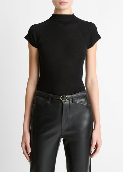 VINCE Women Wool Raglan Cap-Sleeve Mock-Neck Top in Short Sleeve BLACK