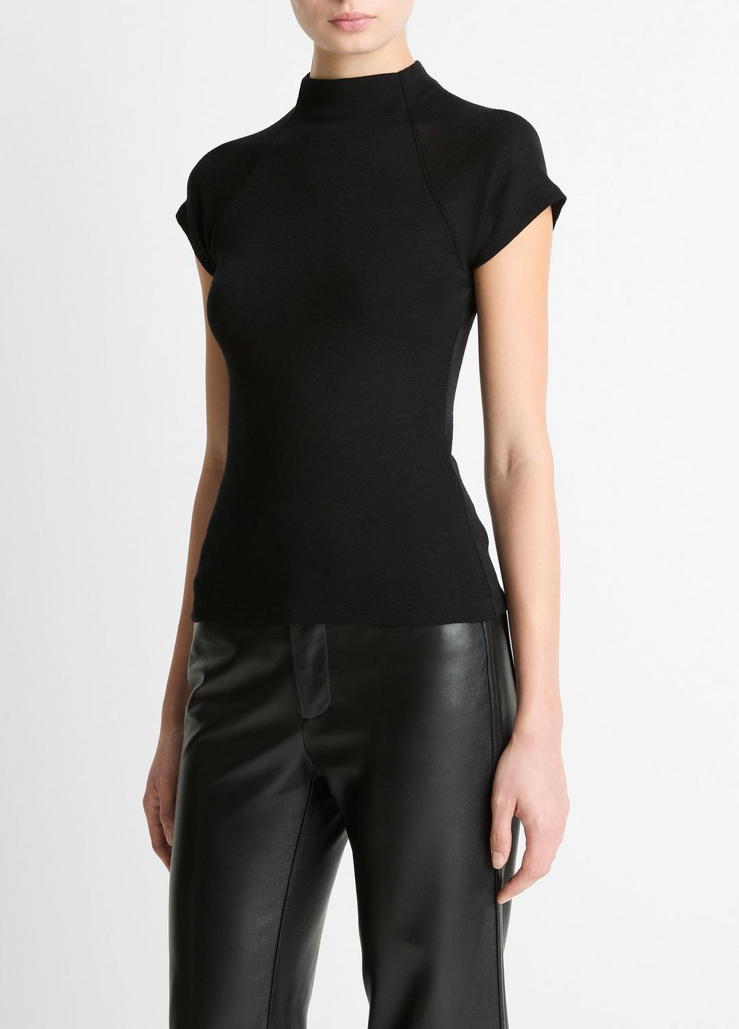 VINCE Women Wool Raglan Cap-Sleeve Mock-Neck Top in Short Sleeve BLACK