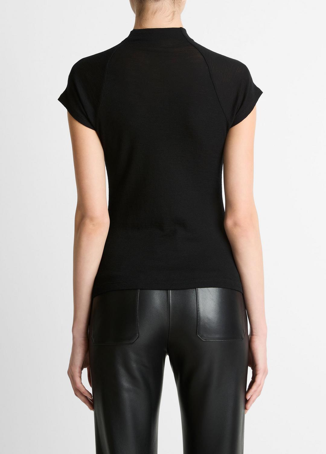 VINCE Women Wool Raglan Cap-Sleeve Mock-Neck Top in Short Sleeve BLACK