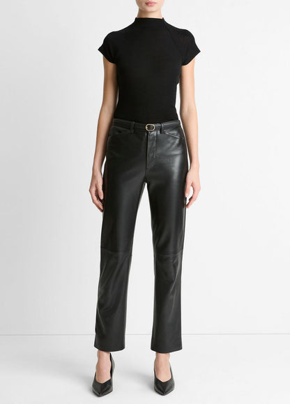 VINCE Women Wool Raglan Cap-Sleeve Mock-Neck Top in Short Sleeve BLACK