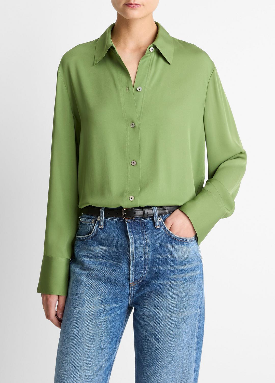 VINCE Women Stretch-Silk Button-Front Blouse in Long Sleeve CLOVER
