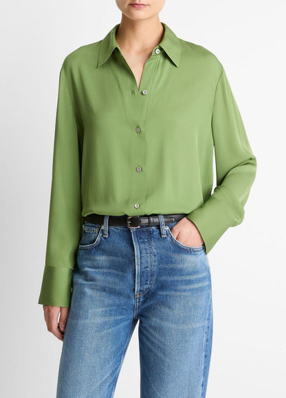 VINCE Women Stretch-Silk Button-Front Blouse in Long Sleeve CLOVER