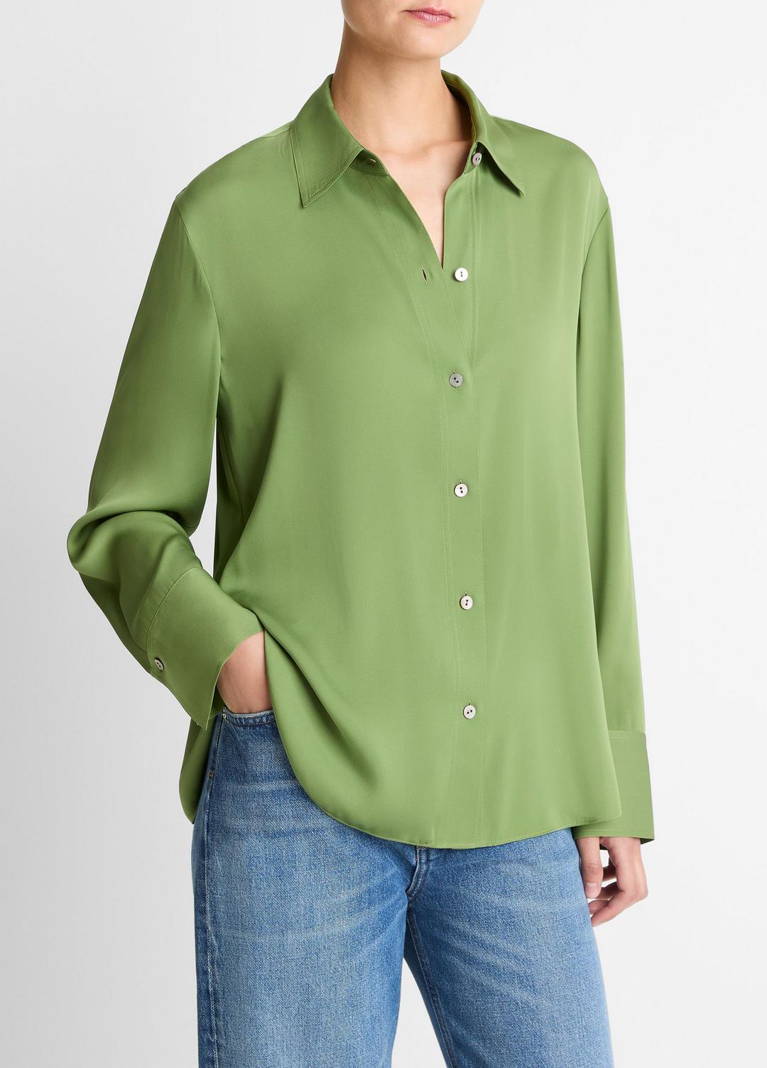 VINCE Women Stretch-Silk Button-Front Blouse in Long Sleeve CLOVER
