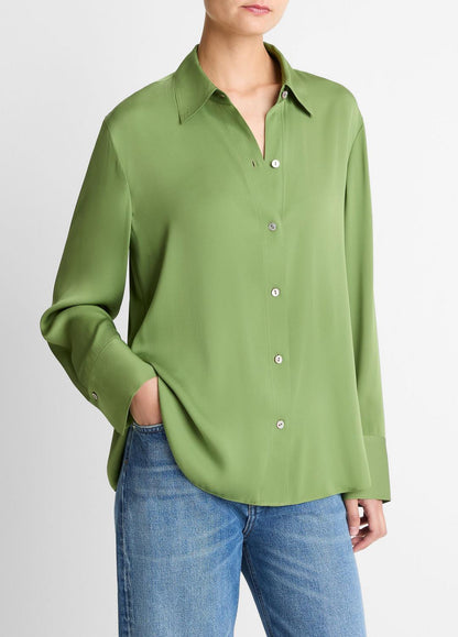 VINCE Women Stretch-Silk Button-Front Blouse in Long Sleeve CLOVER
