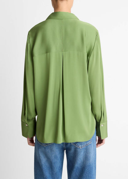VINCE Women Stretch-Silk Button-Front Blouse in Long Sleeve CLOVER