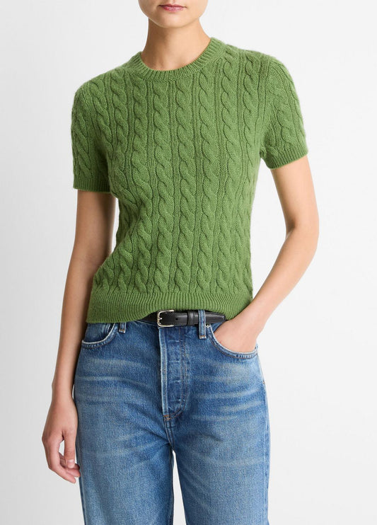 VINCE Women Cable-Knit Wool & Cashmere-Blend Short-Sleeve Sweater in Crew Neck CLOVER