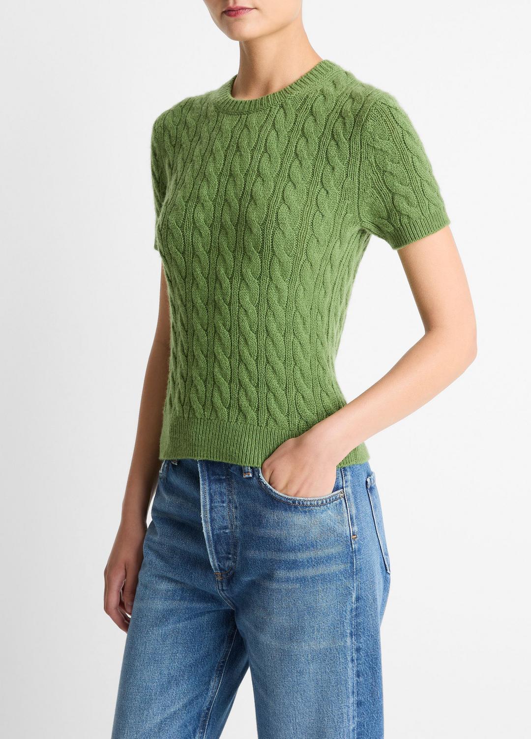 VINCE Women Cable-Knit Wool & Cashmere-Blend Short-Sleeve Sweater in Crew Neck CLOVER