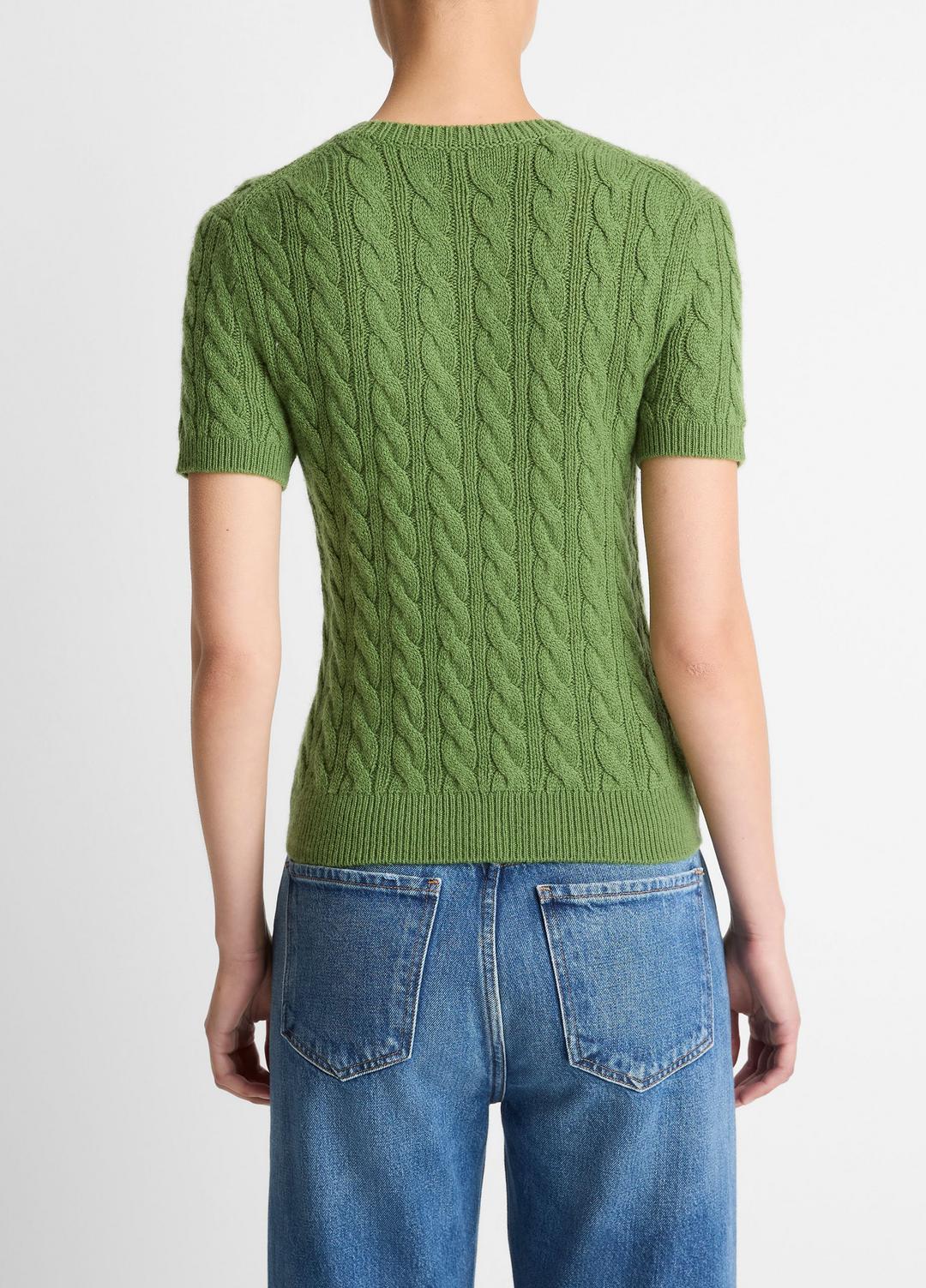 VINCE Women Cable-Knit Wool & Cashmere-Blend Short-Sleeve Sweater in Crew Neck CLOVER