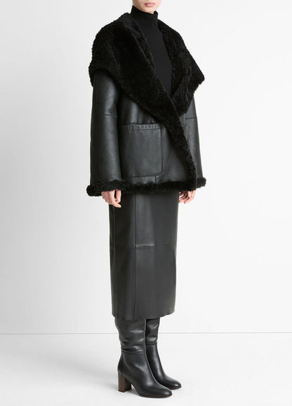 VINCE Women Shearling Hooded Jacket in Jackets BLACK