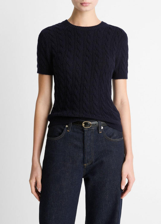 VINCE Women Cable-Knit Wool & Cashmere-Blend Short-Sleeve Sweater in Crew Neck COASTAL BLUE
