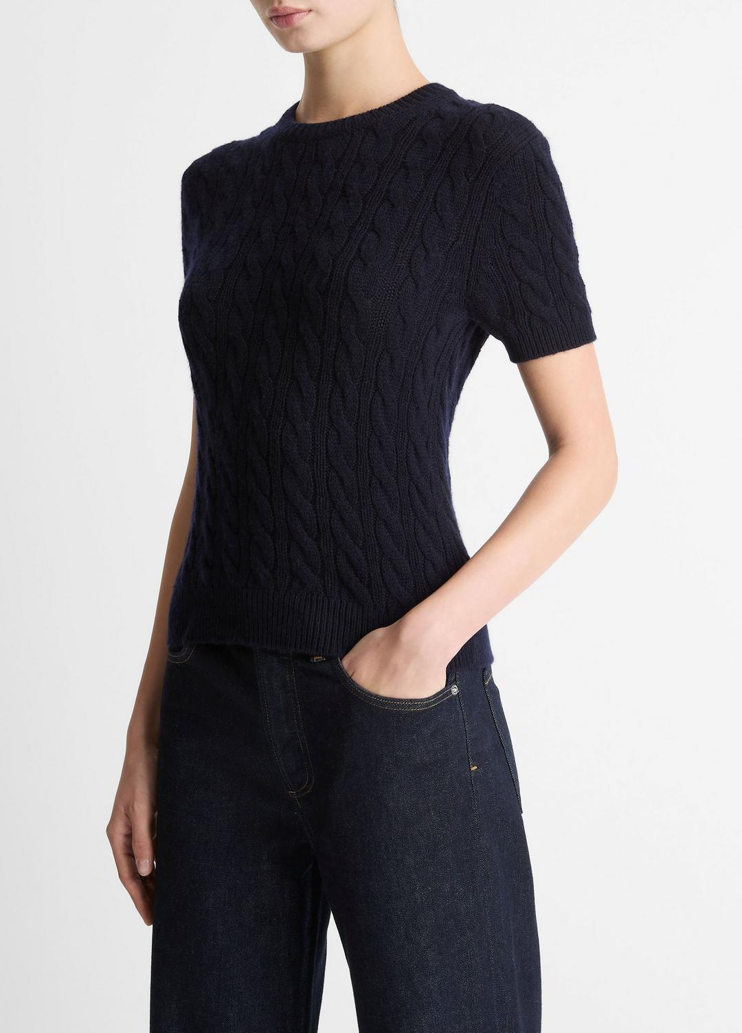 VINCE Women Cable-Knit Wool & Cashmere-Blend Short-Sleeve Sweater in Crew Neck COASTAL BLUE