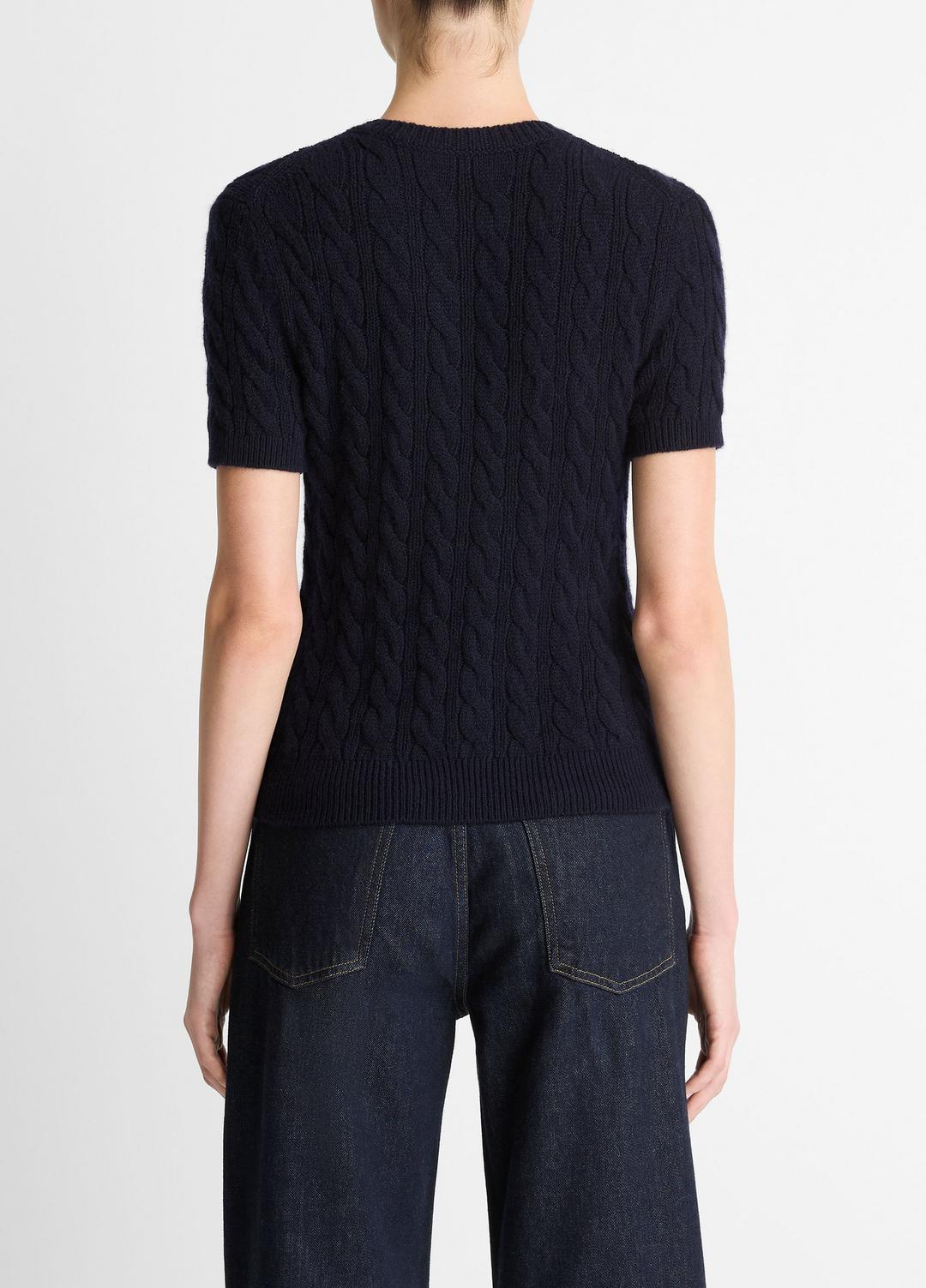 VINCE Women Cable-Knit Wool & Cashmere-Blend Short-Sleeve Sweater in Crew Neck COASTAL BLUE