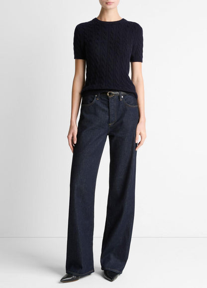 VINCE Women Cable-Knit Wool & Cashmere-Blend Short-Sleeve Sweater in Crew Neck COASTAL BLUE