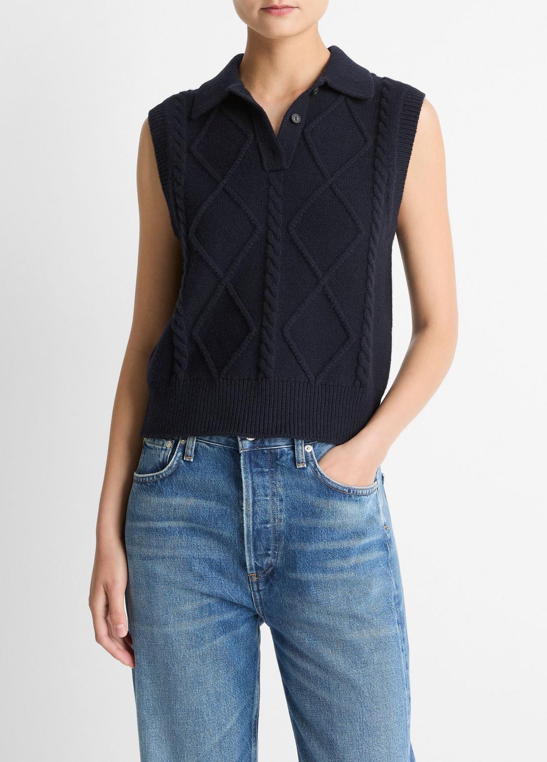 VINCE Women Cable-Knit Wool & Cotton-Blend Sweater Vest in V-Neck COASTAL BLUE