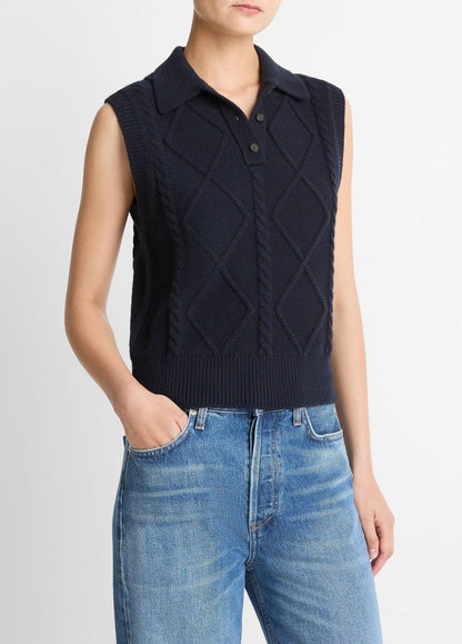 VINCE Women Cable-Knit Wool & Cotton-Blend Sweater Vest in V-Neck COASTAL BLUE