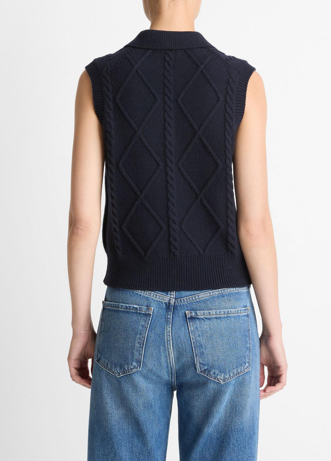 VINCE Women Cable-Knit Wool & Cotton-Blend Sweater Vest in V-Neck COASTAL BLUE
