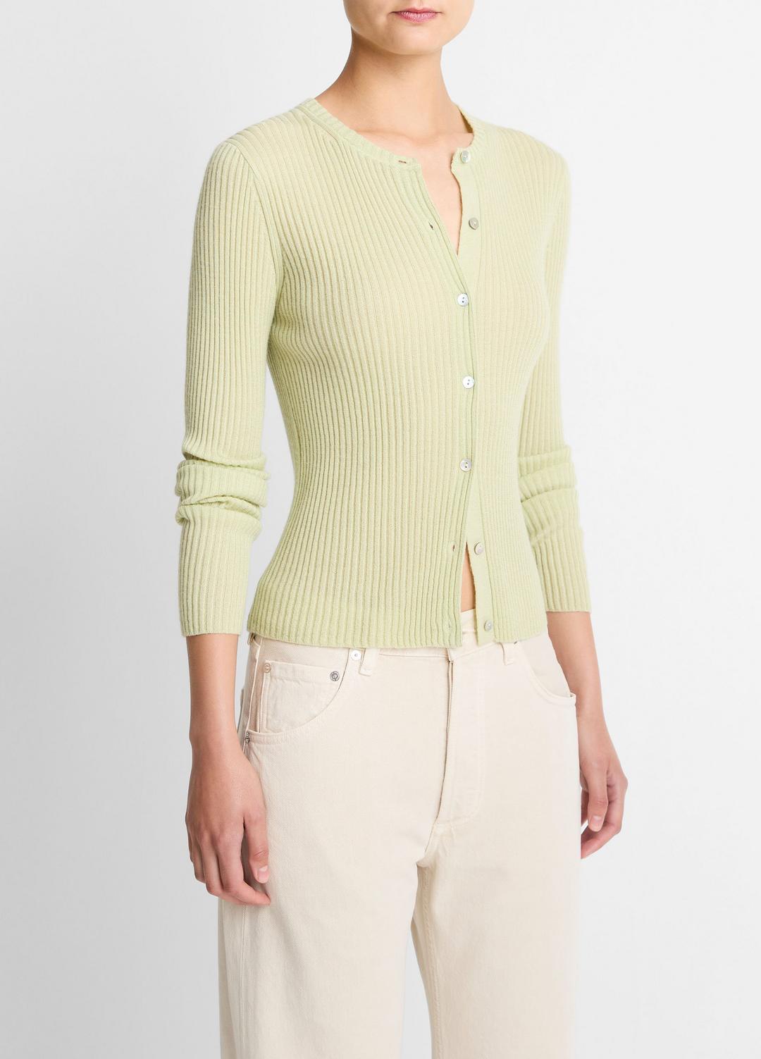 VINCE Women Ribbed Cashmere-Silk Cardigan in Cardigans PALE FERN