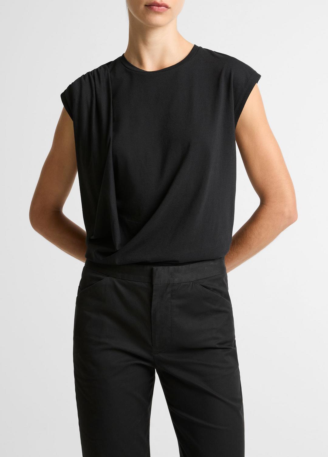 VINCE Women Pima Cotton-Blend Draped Relaxed Top in Tank Tops BLACK