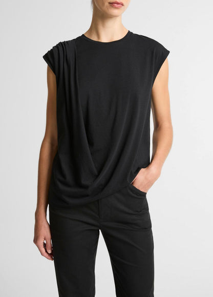 VINCE Women Pima Cotton-Blend Draped Relaxed Top in Tank Tops BLACK