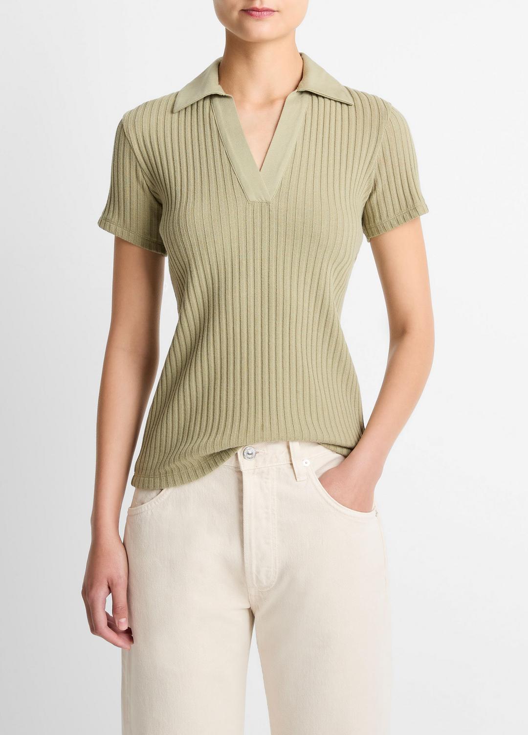 VINCE Women Ribbed Cotton-Blend Polo Shirt in Short Sleeve OLIVE STONE