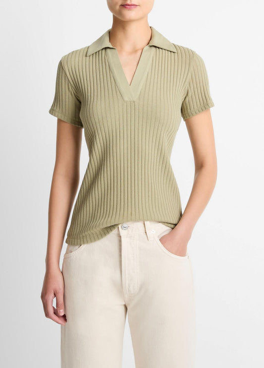 VINCE Women Ribbed Cotton-Blend Polo Shirt in Short Sleeve OLIVE STONE