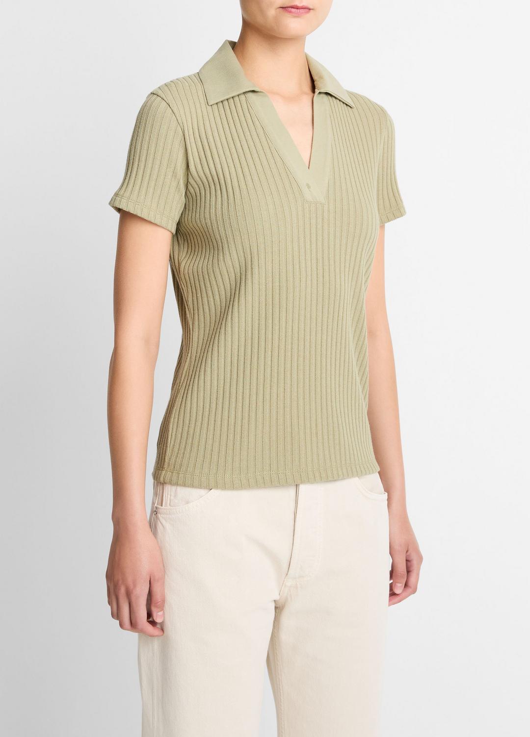 VINCE Women Ribbed Cotton-Blend Polo Shirt in Short Sleeve OLIVE STONE