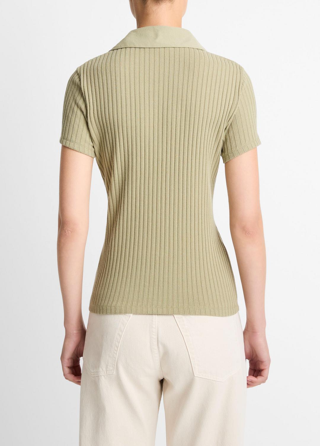VINCE Women Ribbed Cotton-Blend Polo Shirt in Short Sleeve OLIVE STONE