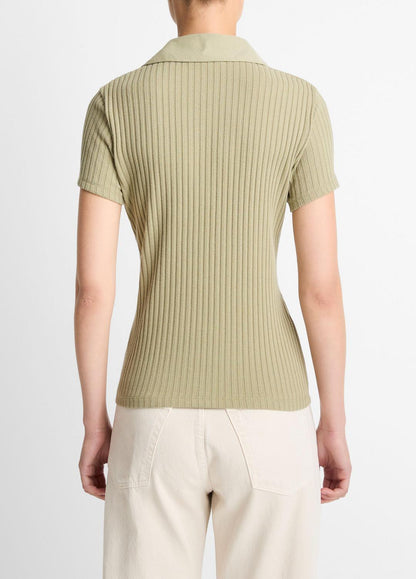 VINCE Women Ribbed Cotton-Blend Polo Shirt in Short Sleeve OLIVE STONE