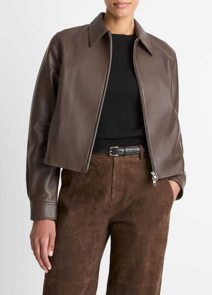 VINCE Women Leather Cropped Zip-Front Jacket in Leather Jackets CHOCOLATE