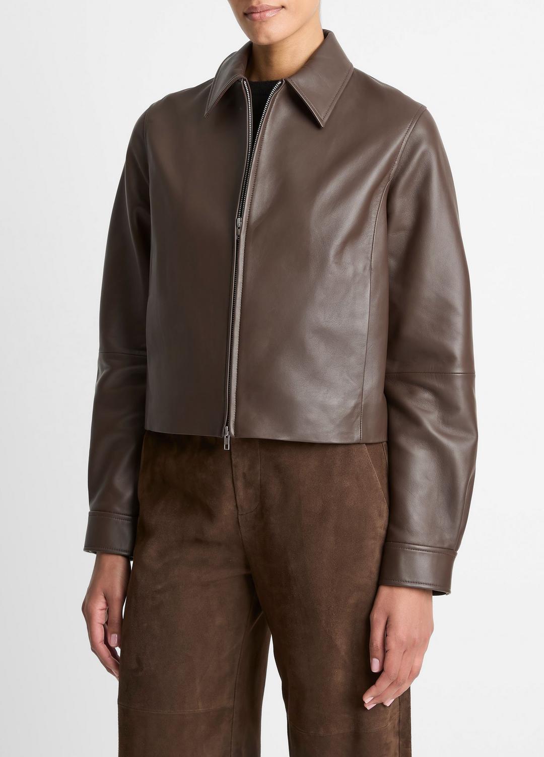 VINCE Women Leather Cropped Zip-Front Jacket in Leather Jackets CHOCOLATE