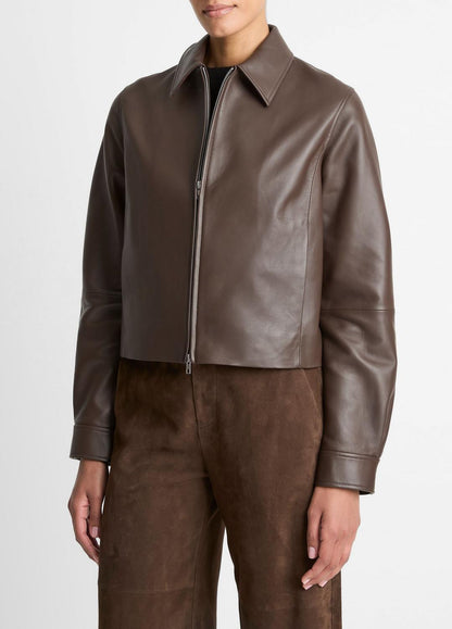 VINCE Women Leather Cropped Zip-Front Jacket in Leather Jackets CHOCOLATE