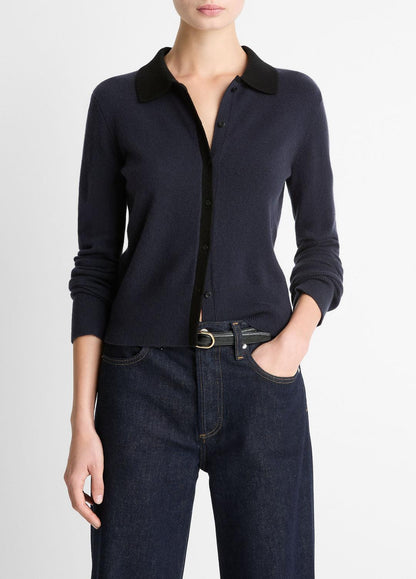 VINCE Women Contrast-Trim Wool & Cashmere-Blend Collared Cardigan in Cardigans NIGHT MARINE/BLACK