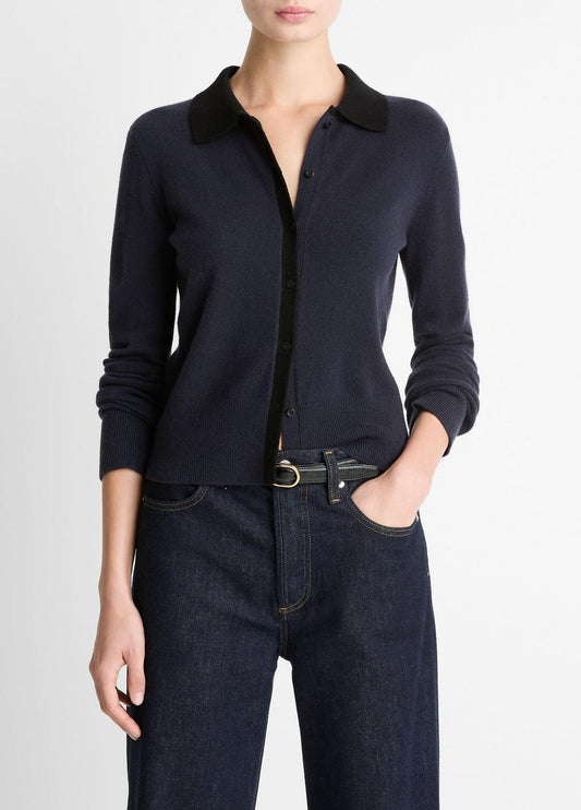 VINCE Women Contrast-Trim Wool & Cashmere-Blend Collared Cardigan in Cardigans NIGHT MARINE/BLACK