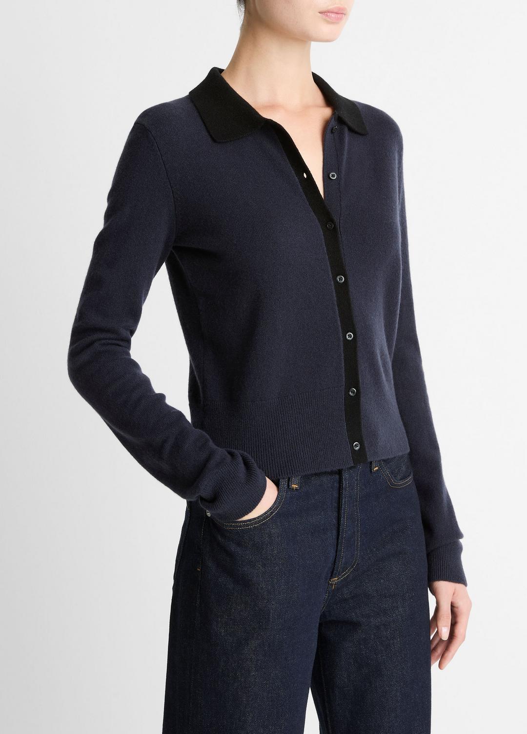 VINCE Women Contrast-Trim Wool & Cashmere-Blend Collared Cardigan in Cardigans NIGHT MARINE/BLACK