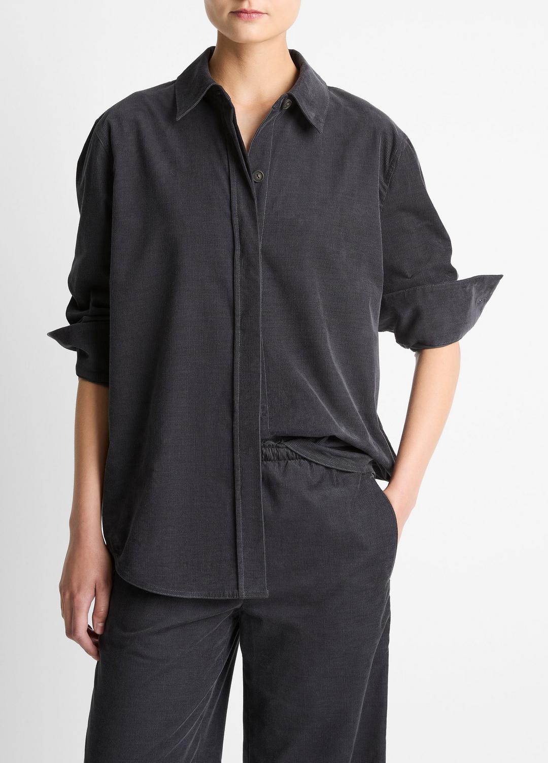 VINCE Women Cotton Corduroy Oversized Shirt in Long Sleeve GRAPHITE