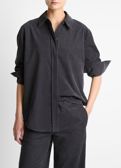 VINCE Women Cotton Corduroy Oversized Shirt in Long Sleeve GRAPHITE