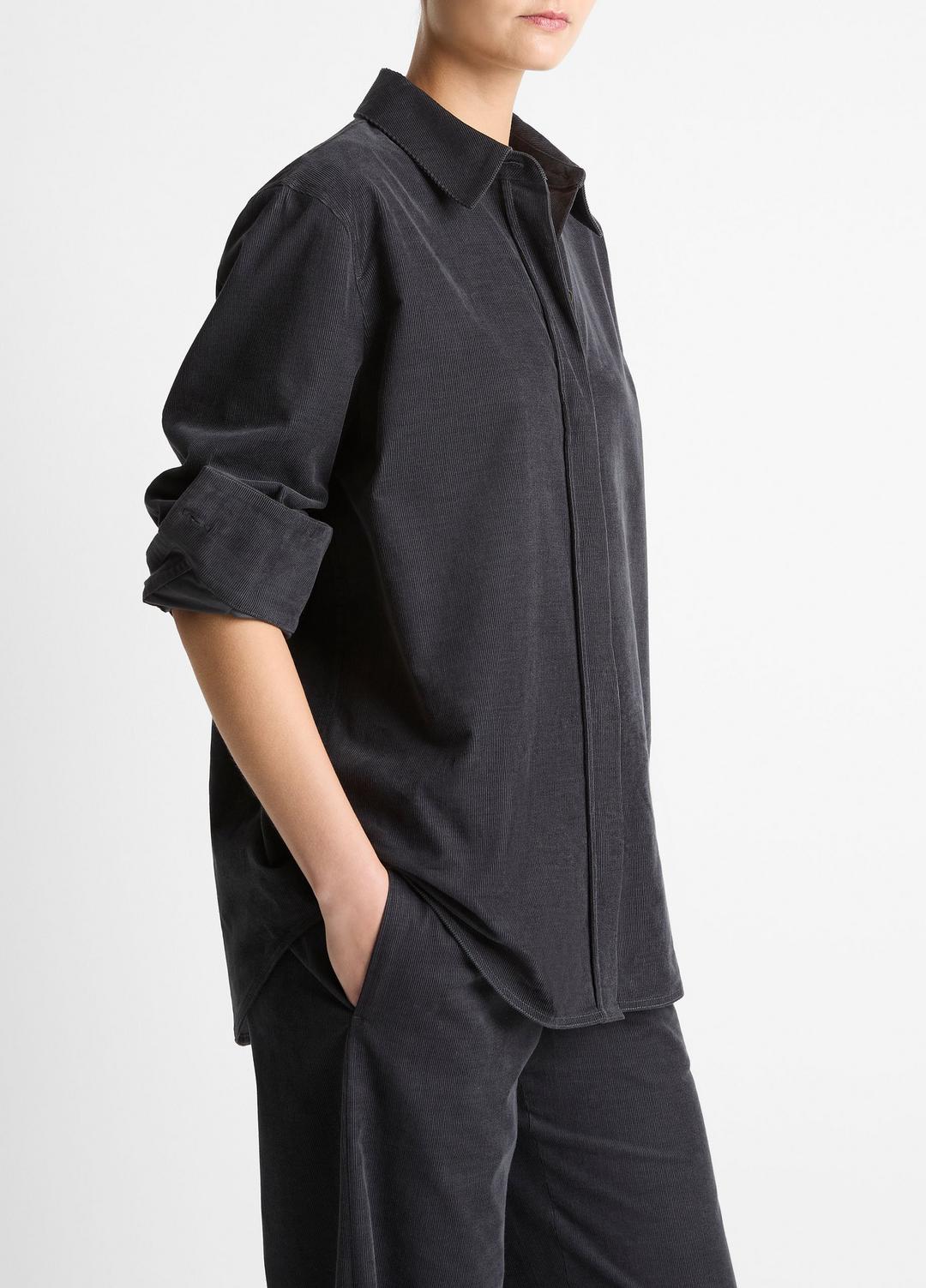 VINCE Women Cotton Corduroy Oversized Shirt in Long Sleeve GRAPHITE