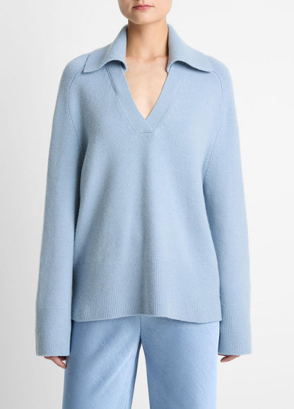 VINCE Women Wool & Cashmere-Blend Oversized Polo Sweater in V-Neck PACIFIC