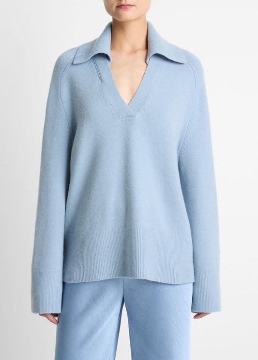 VINCE Women Wool & Cashmere-Blend Oversized Polo Sweater in V-Neck PACIFIC