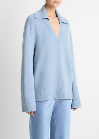 VINCE Women Wool & Cashmere-Blend Oversized Polo Sweater in V-Neck PACIFIC